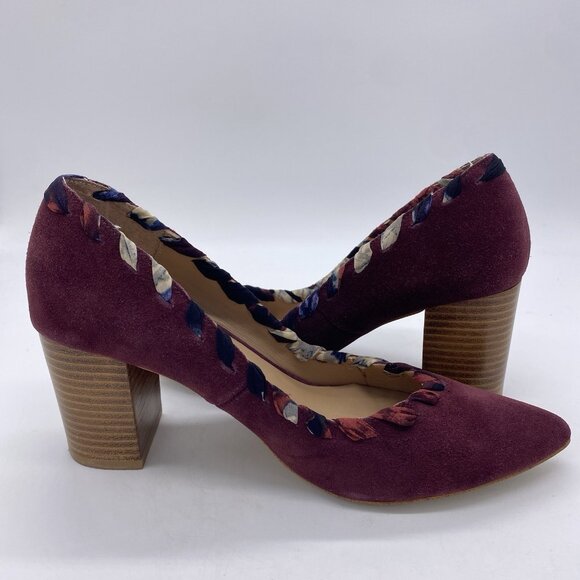 Anthropologie Pointed Toe Pumps 8M Whipstitch Braided Wood Block Heel Suede Wine - Picture 10 of 14